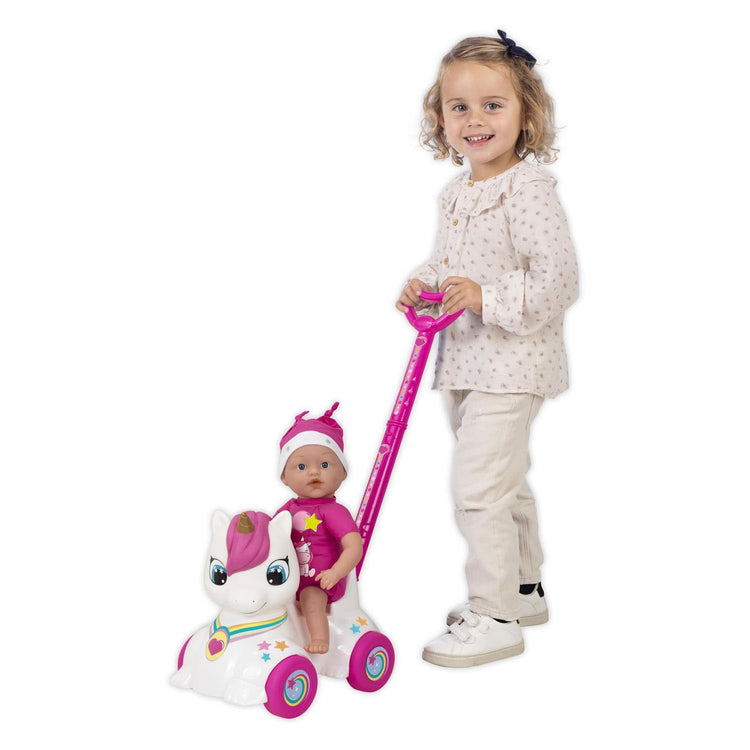 Poupée bébé Dollicorn avec voiture porteur licorne - 37cm