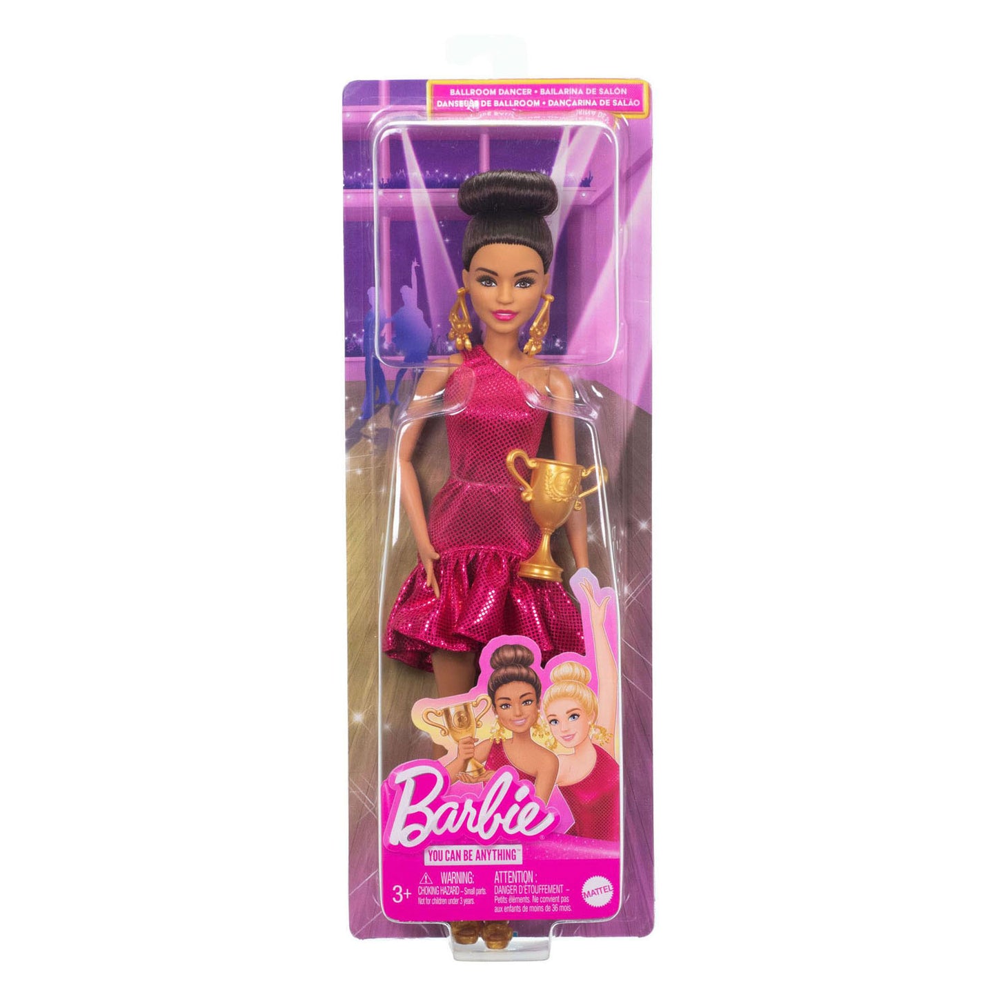 Poupée Barbie Mattel danseuse de salon avec accessoires et détails dorés.
