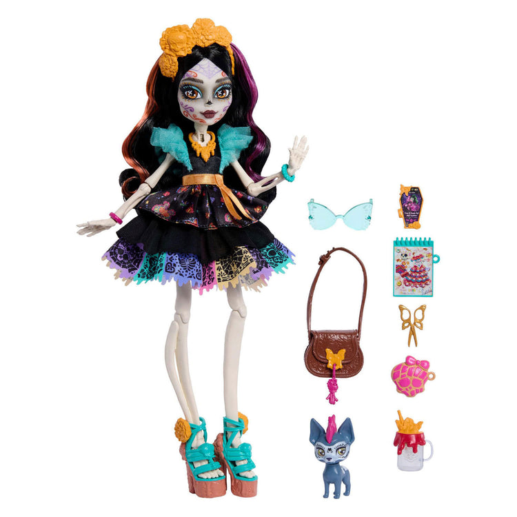 Monster high skelita calaveras - poupée de mode avec candelita pour animaux de compagnie