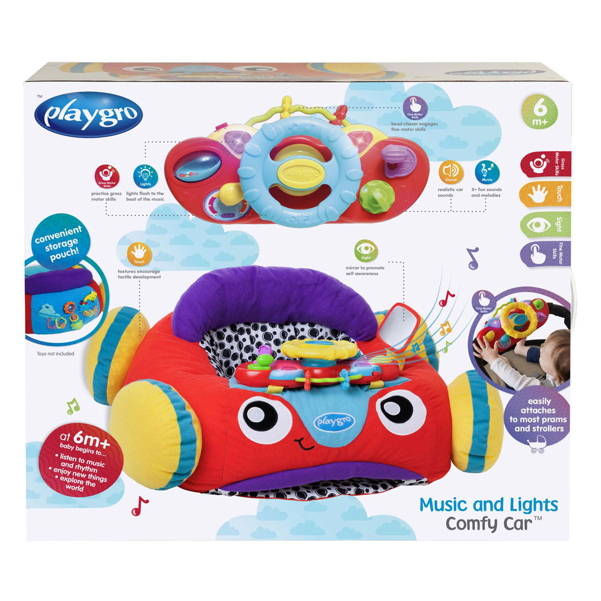 Playgro comfy car - pluchen zitkussen baby - speelkussen baby - activiteitenkussen - babyspeelgoed - interactief baby speelgoed - babygym - speelkleed baby - pluchen auto baby - auto - kraamcadeau - met licht en geluid