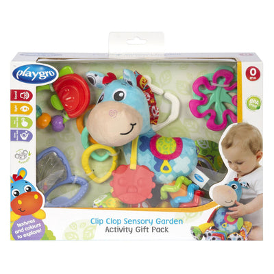 Playgro coffret cadeau clip clop cheval - cadeau maternité - coffret cadeau - jouets suspendus - 3 brosses de dentition - 3 anneaux liés