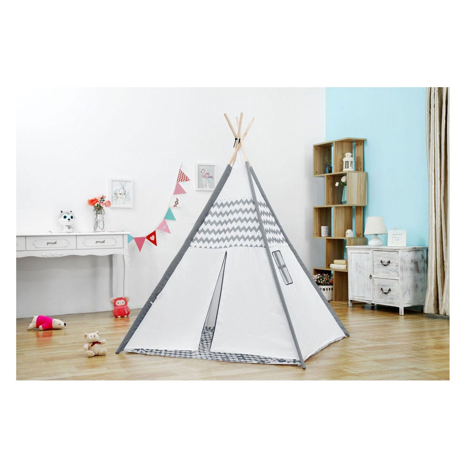 Tipi avec bâtons de bois et tapis - 120x120x150cm