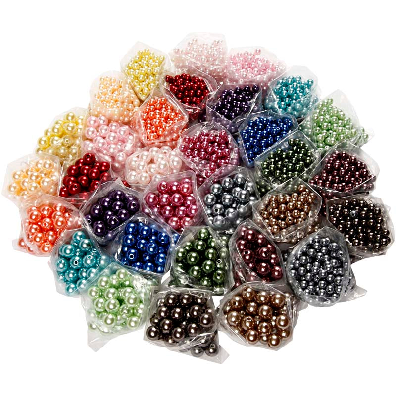 Creativ Company Pearls, D 6 + 10 mm, Taille du trou 1,5 + 2 mm, env. 640 + 3040 pièces, différentes couleurs, 32x20 g 1 boîte