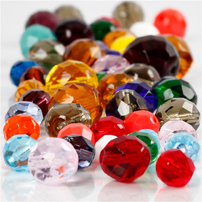 Perles de verre à facettes Creativ Company, taille 3-15 mm, diamètre du trou 0,5-1,5 mm, env. 450 pièces, différentes couleurs, 400 g 1 boîte