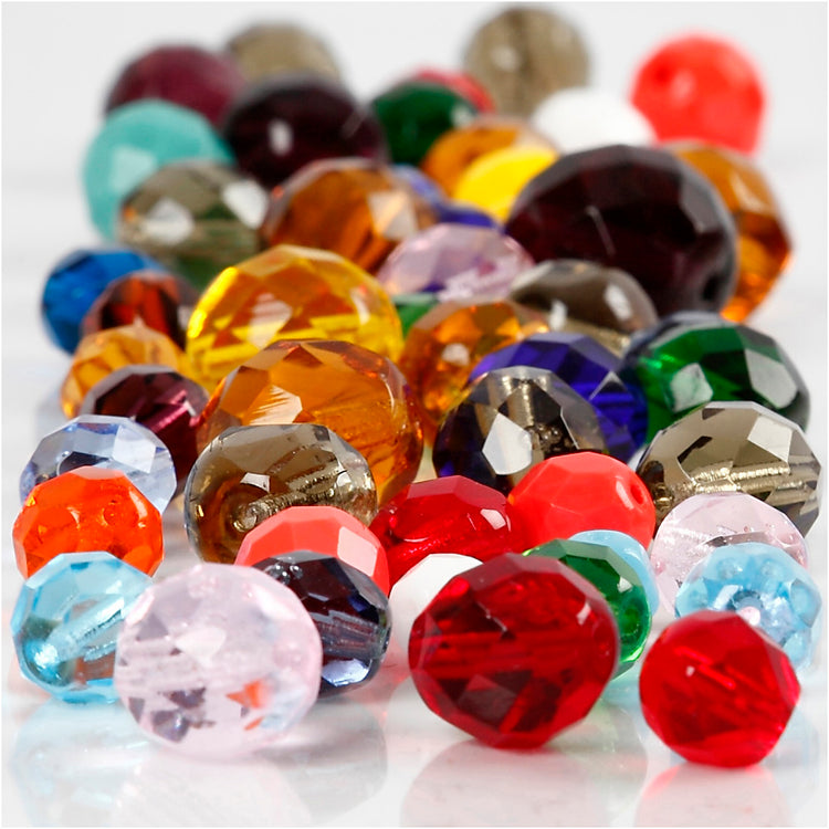 Perles de verre à facettes Creativ Company, taille 3-15 mm, diamètre du trou 0,5-1,5 mm, env. 450 pièces, différentes couleurs, 400 g 1 boîte