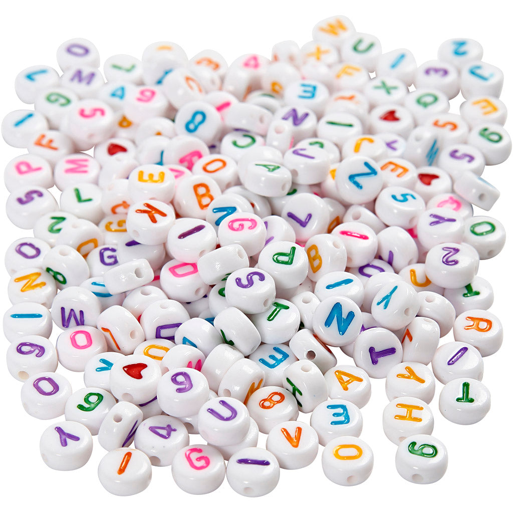 Perles lettres Creativ Company, taille 7 mm, diamètre du trou 1,2 mm, env. 1500 pièces, blanc, 200 g 1 boîte
