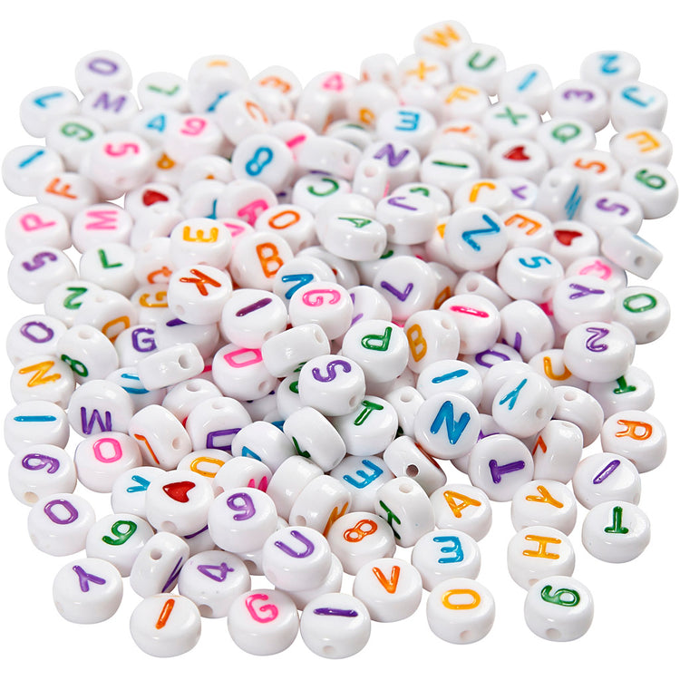 Perles lettres Creativ Company, taille 7 mm, diamètre du trou 1,2 mm, env. 1500 pièces, blanc, 200 g 1 boîte