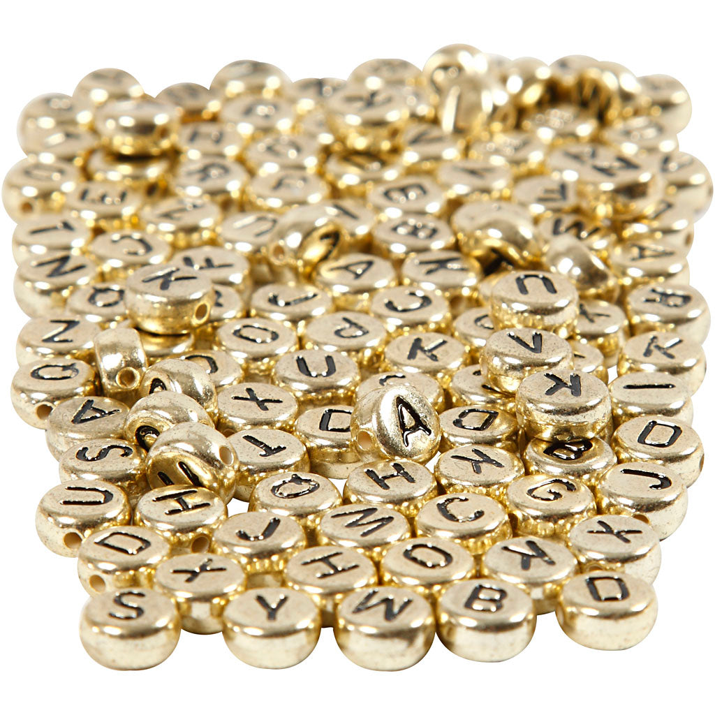 Perles lettres Creativ Company, d 7 mm, diamètre du trou 1 mm, env. 1500 pièces, or, 165 gr 1 boîte