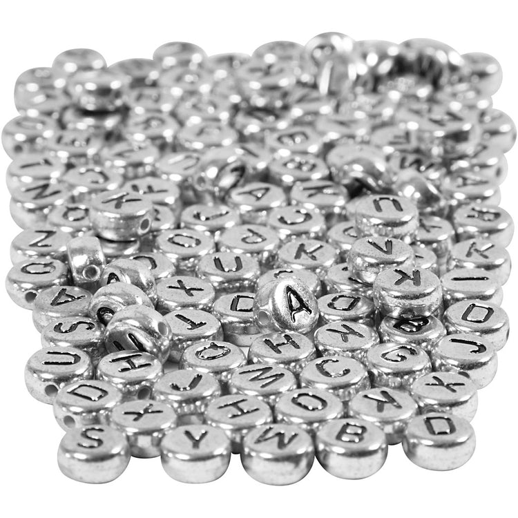 Perles lettres Creativ Company, d 7 mm, diamètre du trou 1,2 mm, env. 1500 pièces, argent, 165 g 1 boîte