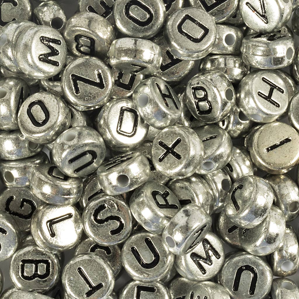 Perles lettres Creativ Company, d 7 mm, diamètre du trou 1,2 mm, env. 200 pièces, argent, 21 g 1 boîte