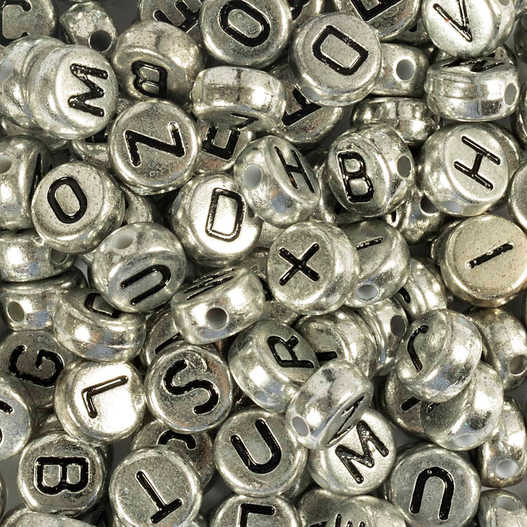 Perles lettres Creativ Company, d 7 mm, diamètre du trou 1,2 mm, env. 200 pièces, argent, 21 g 1 boîte
