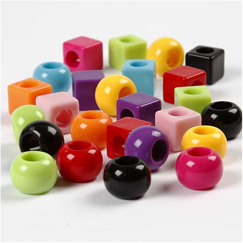 Perles en plastique Creativ Company, taille 11 mm, diamètre du trou 7 mm, env. 60 pièces, différentes couleurs, 75 g, 150 ml 1 boîte
