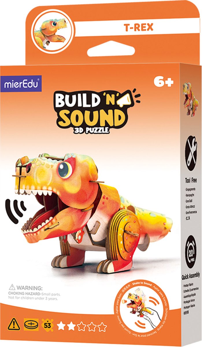 Mieredu Puzzle 3D à construire avec son : dinosaure tyrannosaure rex 15,6x6,8x8,16 cm, avec son, fonctionne avec 1 pile bouton CR2032 (incluse), dans une boîte 10,8x3,5x19,4 cm, 6+