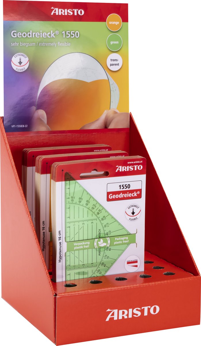 Equerre Aristo - échelle 14cm - présentoir 30 pièces - 3 couleurs assorties - ar-vd1550eb