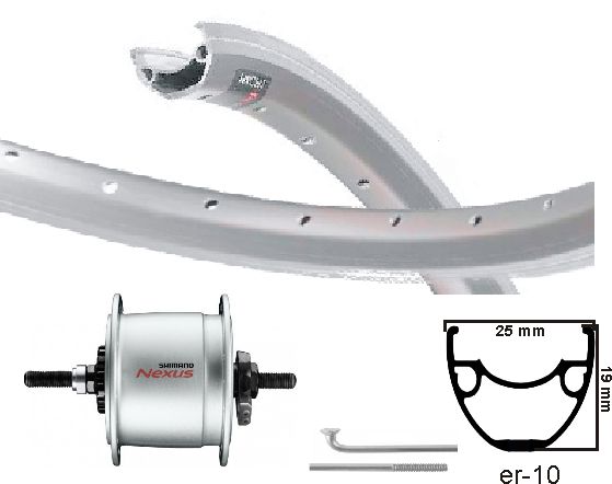 KGS Roue avant 28 pouces (622) Hubdyn en argent de jante + brake 6v-3W axe fixe