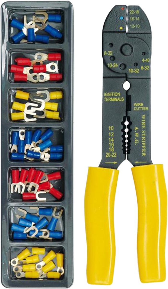 Jeu de pinces à sertir par soufflage avec pince à dénuder - avec cosses de câble isolées - 190 mm - PVC CS - AWG 22-8