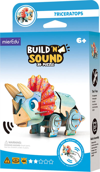 Mieredu Puzzle 3D à construire avec son : dinosaure tricératops 13,03x6,64x7,24 cm, avec son, fonctionne avec 1 pile bouton CR2032 (incluse), dans une boîte 10,8x3,5x19,4 cm, 6+