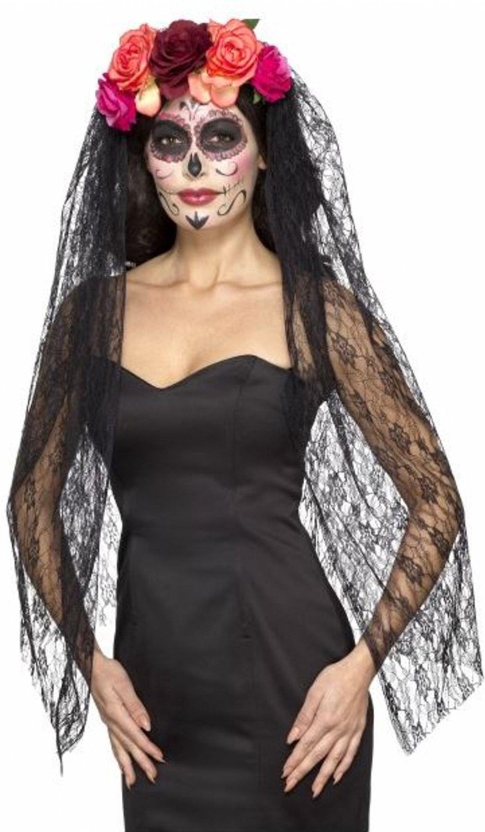 Bandeau Smiffys jour des morts - avec fleurs et voile - Halloween - horreur - diadème
