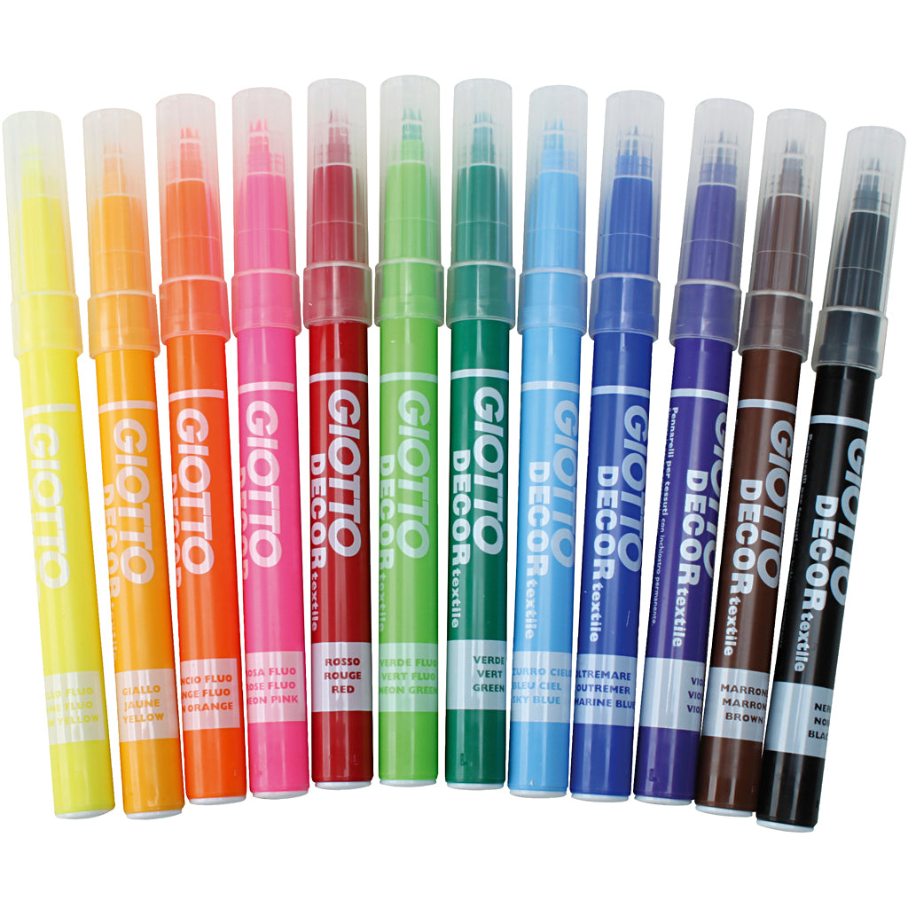 Marqueur textile Giotto, largeur de trait 4 mm, différentes couleurs, 12 pièces, 1 boîte