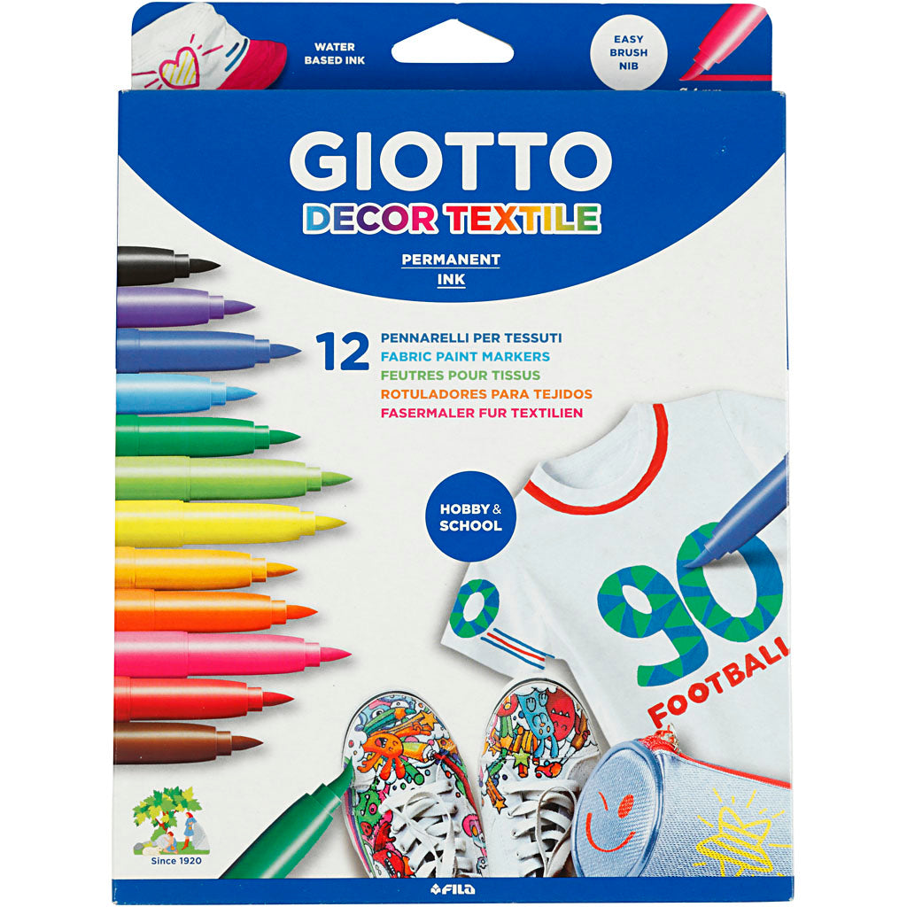 Marqueur textile Giotto, largeur de trait 4 mm, différentes couleurs, 12 pièces, 1 boîte