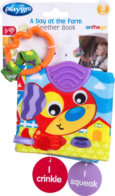 Livret d'activités Playgro animaux de la ferme - livre de morsures - profil de morsure - couineur - livre bébé - livre bébé 0-6 mois - anneau de dentition - livre bébé avec son