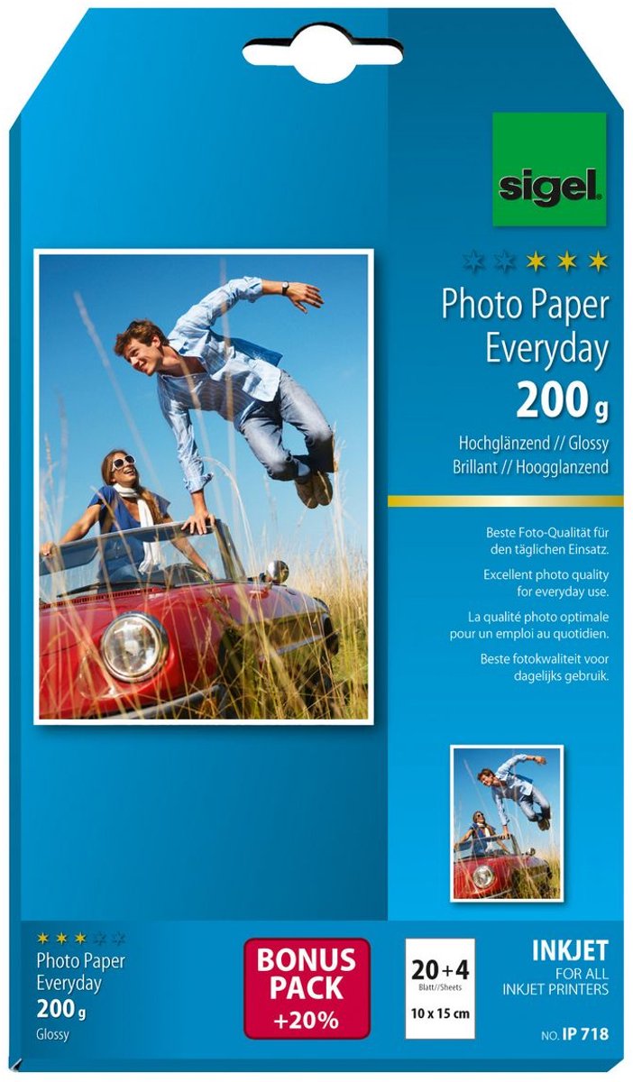 Papier photo jet d'encre Sigel - daily plus - 10x15cm - brillant - 200 grammes - 24 feuilles - si-ip718