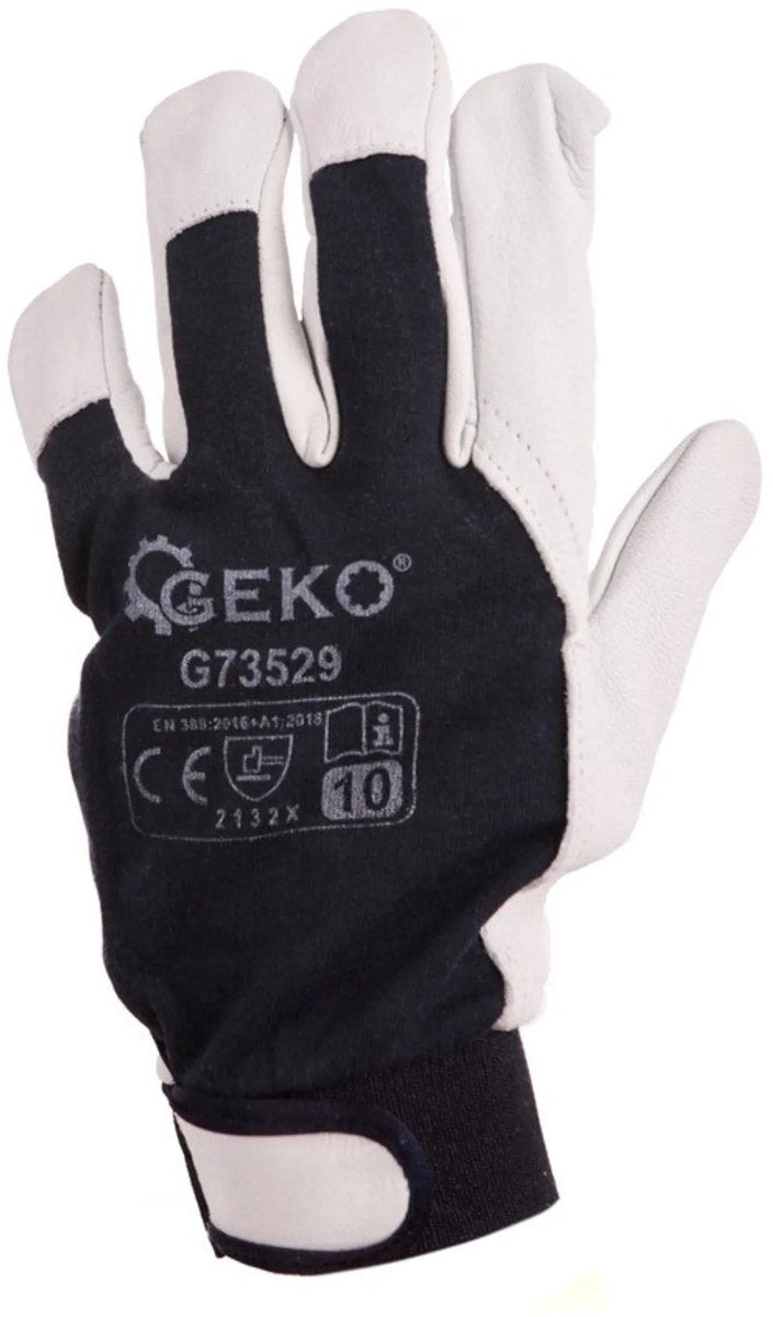 Gants de travail en cuir Geko - fermeture velcro - taille 10 - bleu et blanc - protection en388 - 12 pièces