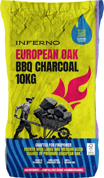 Inferno - 10kg Chêne européen - charbon de bois - charbon de bois - 100% FSC - gros morceaux de charbon de bois