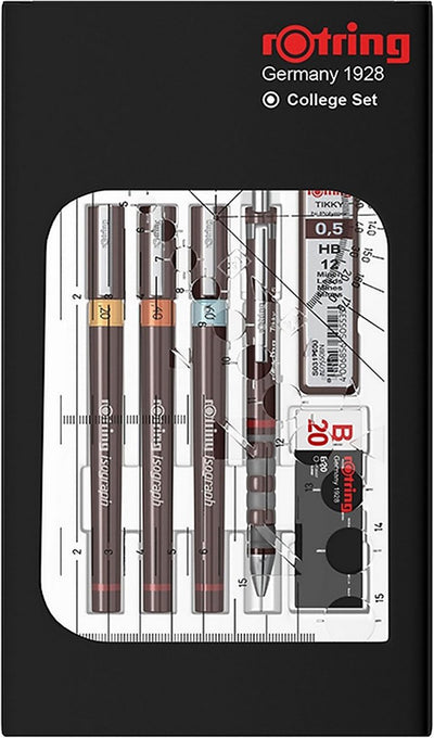 Ensemble de stylos isographes Rotring, stylo technique et porte-mine, ensemble universitaire | 3 feutres fins (0,2 mm, 0,4 mm, 0,6 mm) et un porte-mine (0,5 mm) plus accessoires | 9 pièces