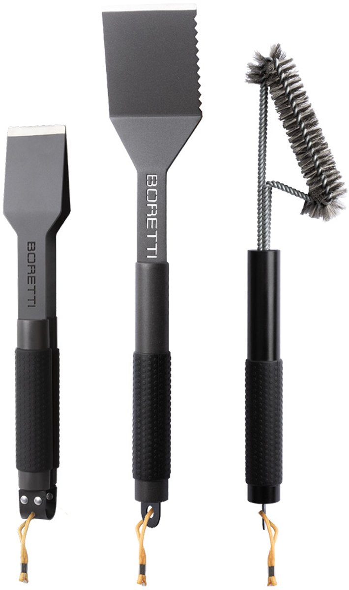 Boretti - set barbecue barilo 3 pièces - brosse - pince compacte - spatule - poignées antidérapantes - yeux suspendus