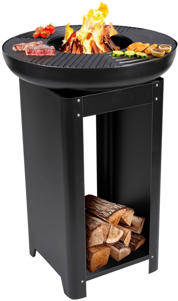 Alpina panier à feu et plaque de grill 3 en 1 - cheminée de jardin 61 x 90 cm - avec plaque de cuisson teppanyaki - plancha BBQ avec rangement du bois de chauffage - panier à feu d'extérieur - métal