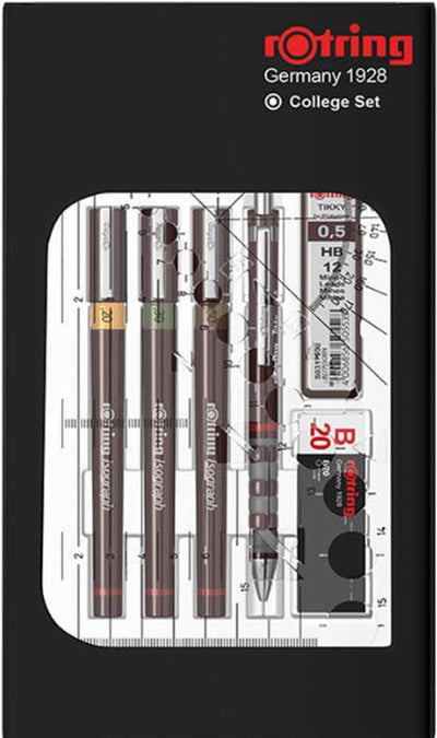 Ensemble de stylos isographes Rotring, stylo technique et porte-mine, ensemble universitaire | 3 stylos (0,2 mm, 0,3 mm, 0,5 mm) et porte-mines (0,5 mm) plus accessoires | 9 pièces
