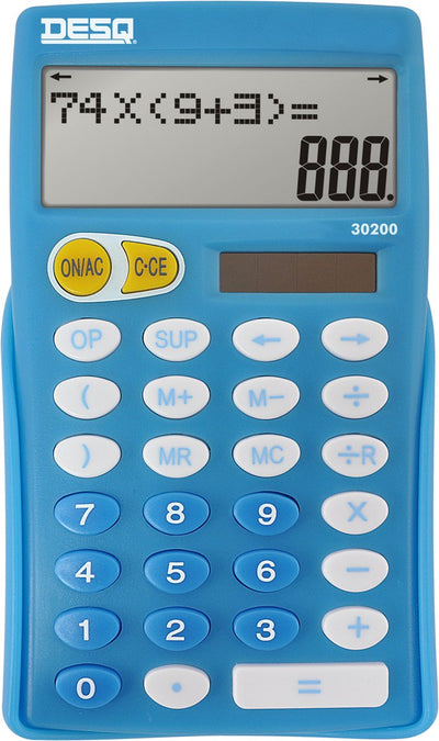 Calculatrice Desq ® école primaire | ordre officiel des opérations arithmétiques | montre toutes les étapes | fonction de division avec reste | touches de navigation | fonction opérateur | 10 chiffres | affichage sur 2 lignes