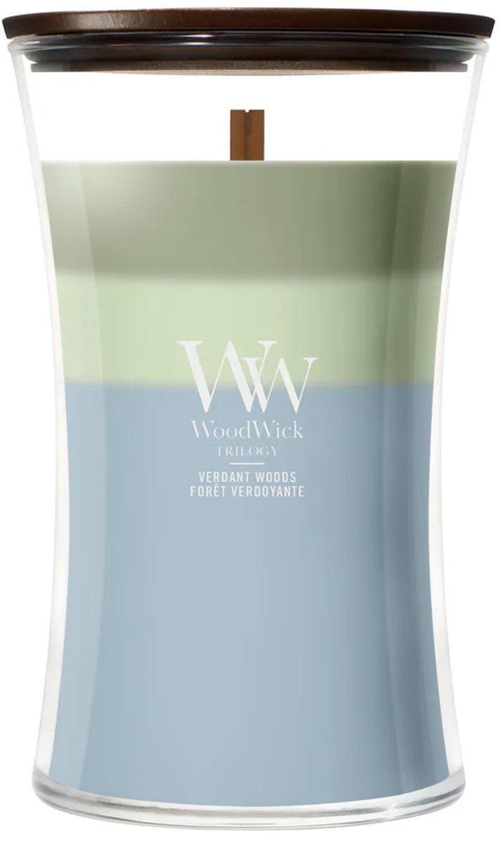 Sablier Woodwick - trilogie bois verdoyants - grande bougie parfumée - 130 heures de combustion