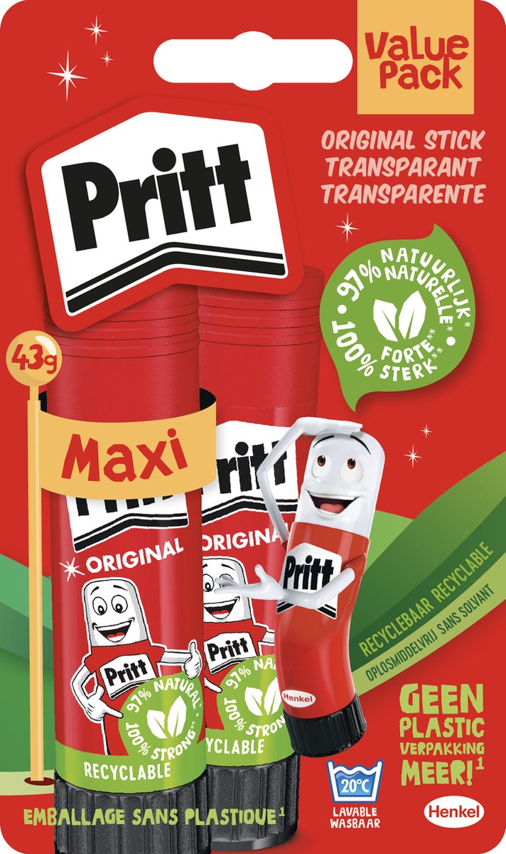 Pack économique de bâtons de colle Pritt 2x43 grammes | adhésif en bâton de colle | bâton de colle pour le bureau de l'école | bâton de colle facile à utiliser et respectueux de l’environnement.