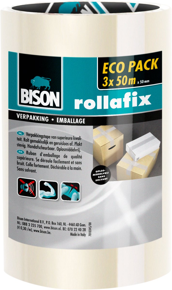 Bison 3 rouleaux de ruban d'emballage rollafix transparent pack économique 50 mètres x 5 cm, déchirable à la main, ruban d'emballage solide