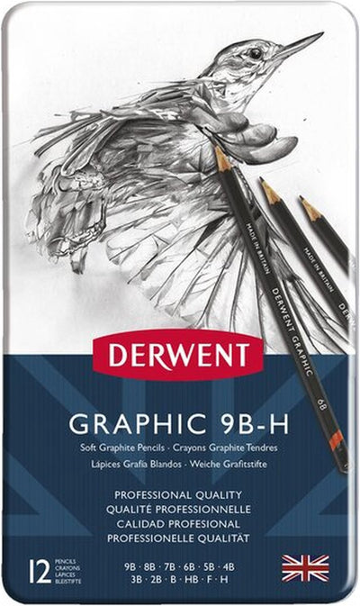 Coffret de crayons souples graphiques Derwent dans une boîte - crayons graphite en 12 duretés - 12 pièces