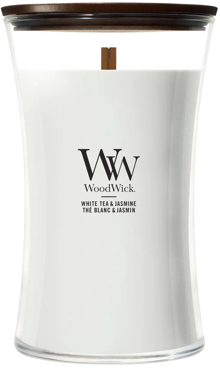 Grande bougie parfumée Woodwick hourglass - thé blanc jasmin - 130 heures de combustion