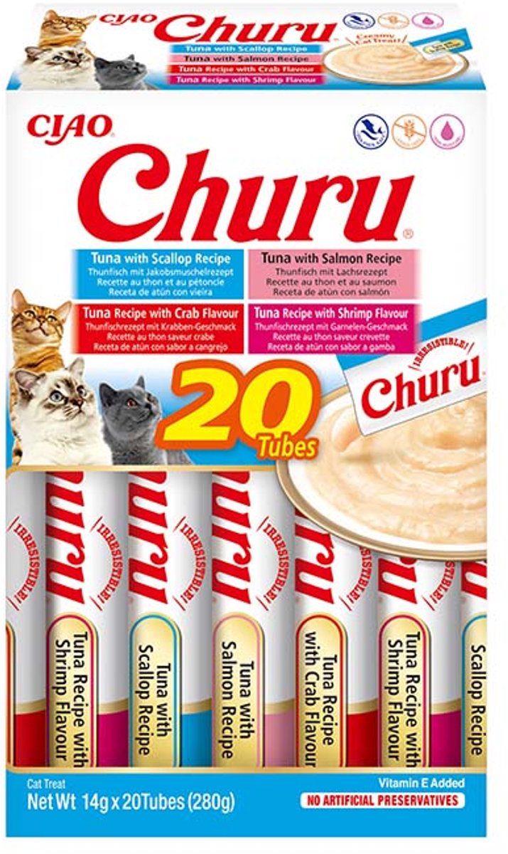 Inaba churu purée multipack - snack pour chat - thon fruits de mer 20x14 g