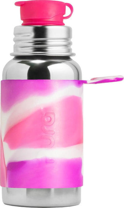 Gourde de sport Pura 550 ml - gourde - gourde - sans plastique - ne rouille pas - passe au lave-vaisselle - avec manchon de sport et bouchon de sport - dessus interchangeable - polyvalent - tourbillon rose