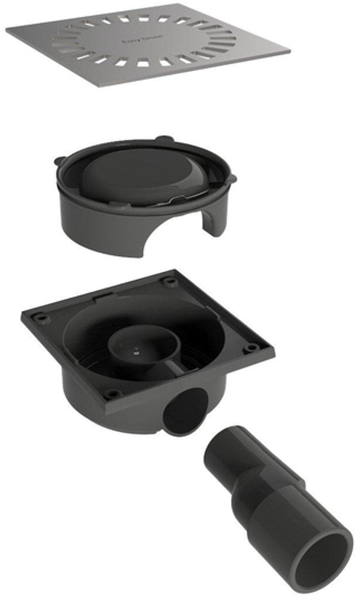Siphon de sol compact Easy Drain Aqua avec boîtier de siphon en ABS, grille en acier inoxydable et sortie latérale 15x15 cm profondeur d'installation 60 mm incl. réglable. bec ø50 ø40m