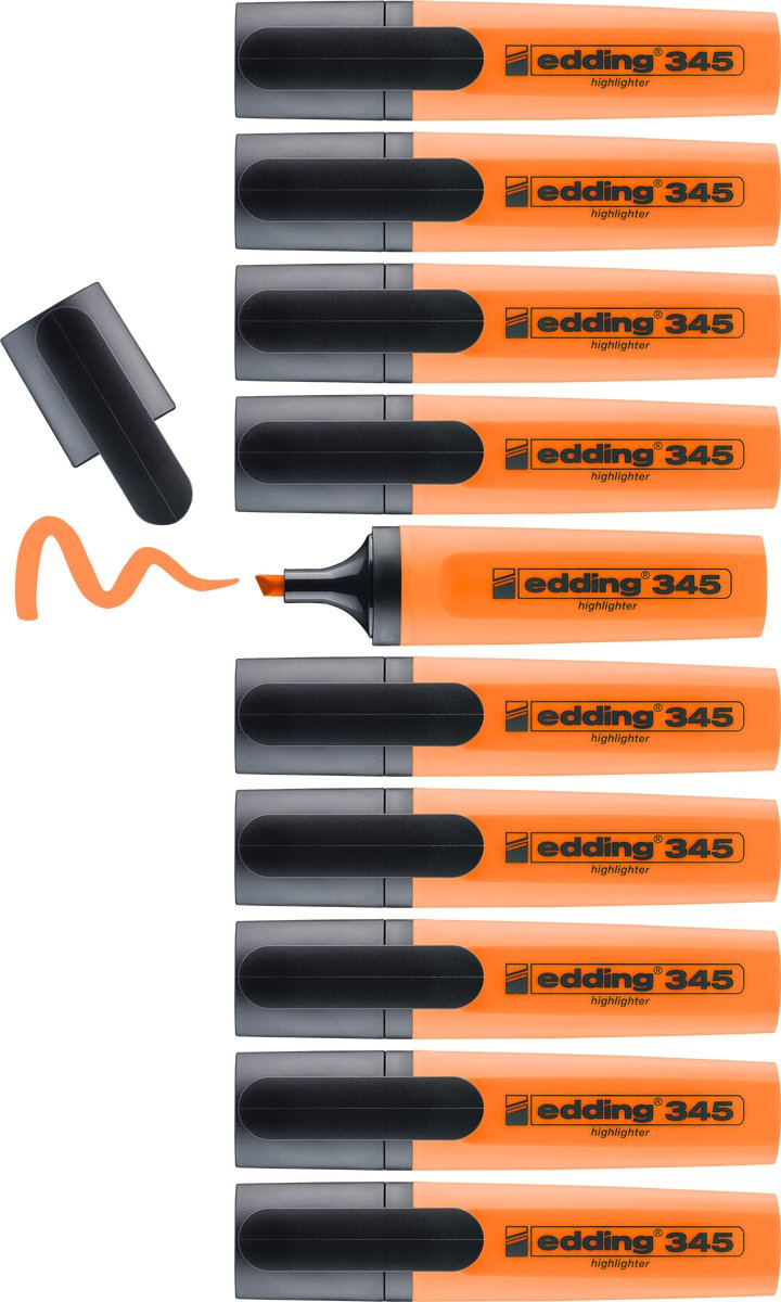 Surligneur Edding 345 - orange - 10 surligneurs - pointe biseautée 2-5 mm - idéal pour surligner et accentuer de manière lumineuse des fragments de texte et des notes