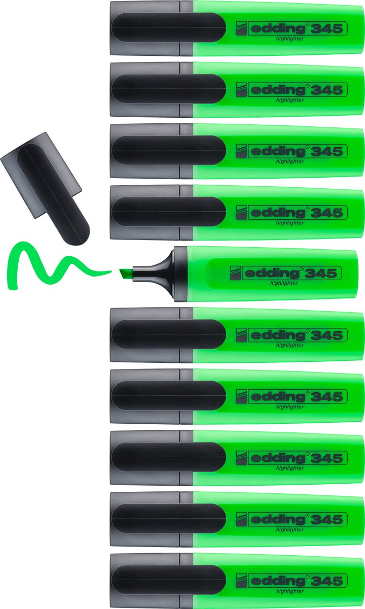 Surligneur Edding 345 - vert clair - 10 surligneurs - pointe biseautée 2-5 mm - idéal pour surligner et accentuer de manière lumineuse des fragments de texte et des notes