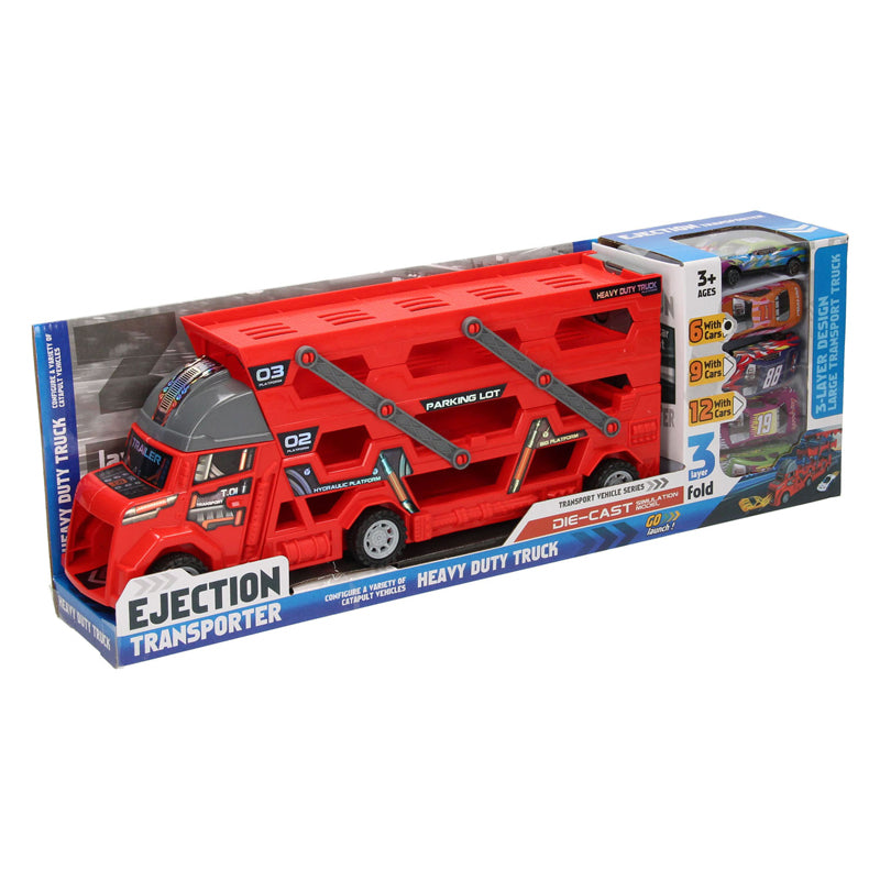 Fold-out car transporter with firing function - red