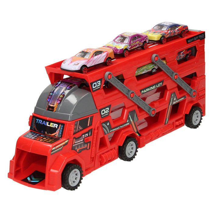 Fold-out car transporter with firing function - red