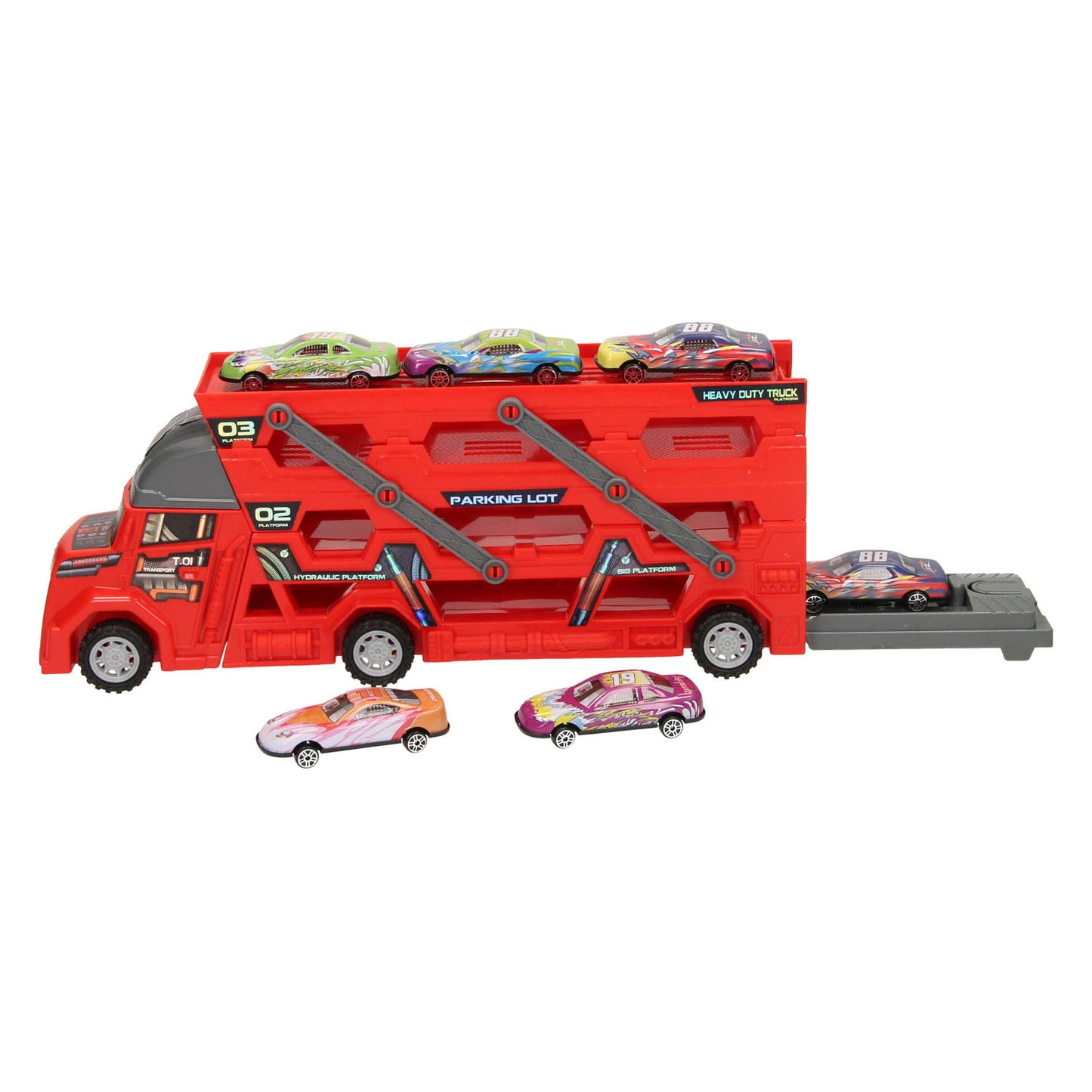 Fold-out car transporter with firing function - red