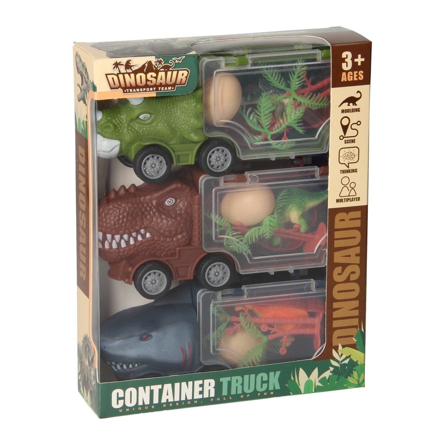 Coffret camion dinosaures et requin, 3 pcs.
