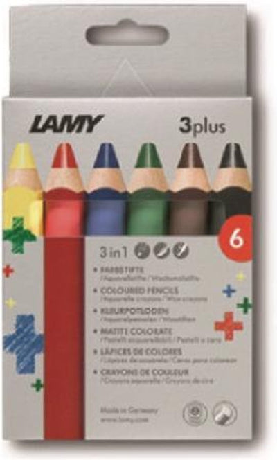 Lamy 3plus crayons de couleur 520 set de 6 pièces – mine extra épaisse ø 10 mm, crayons de couleur en bois de cèdre de forme ergonomique – idéal pour les enfants à partir de 3 ans – avec boîte pliante