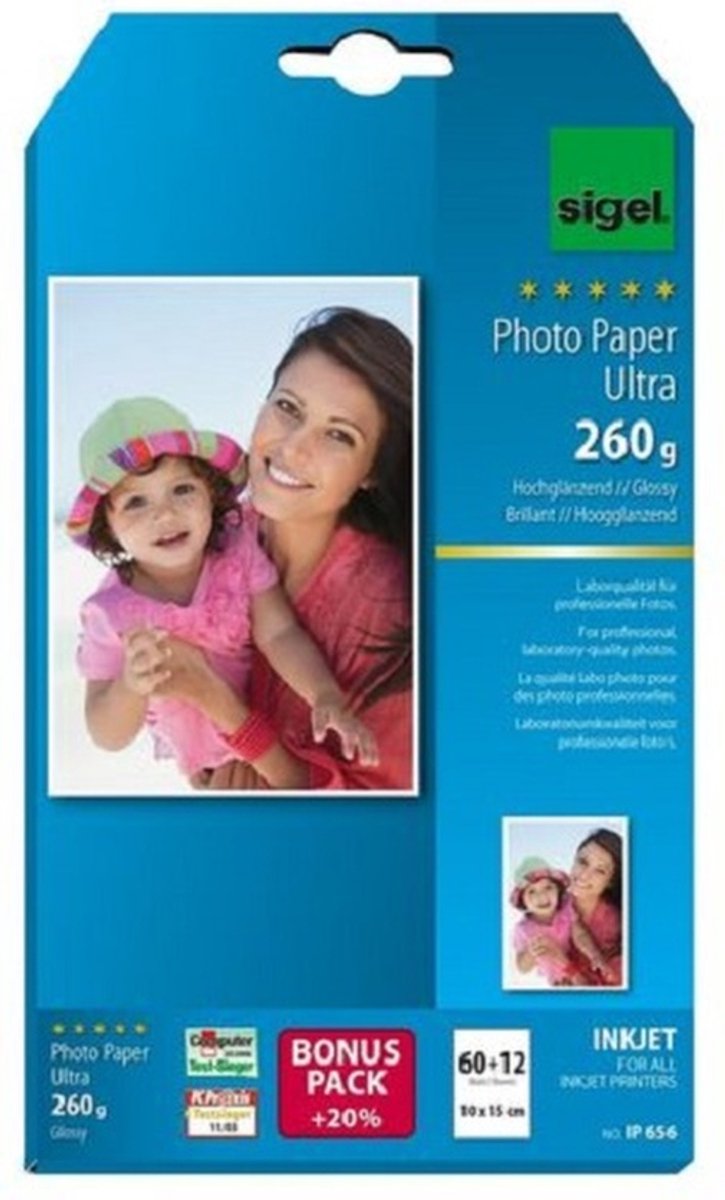 Papier photo jet d'encre Sigel - ultra - 10x15 cm - 260 grammes - 72 feuilles - si-ip656