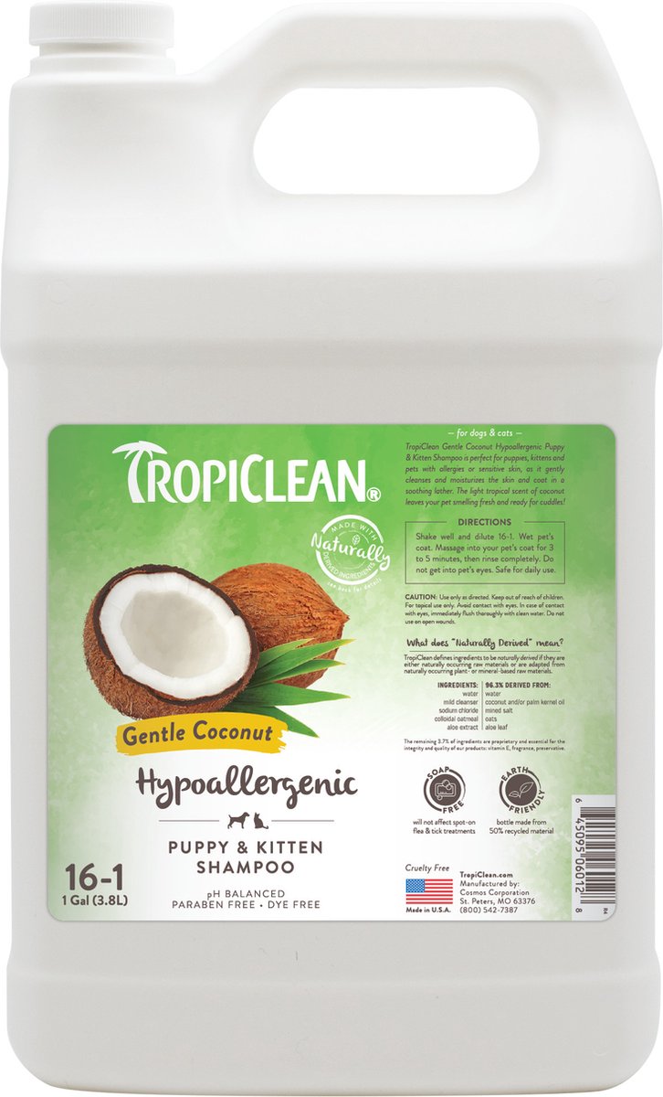 Tropiclean soft coco - shampoing hypoallergénique pour chien - chiot et chaton - 3,8 l